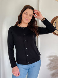 EBONY_MERINO BUTTON CARDIGAN WOMENS LONG SLEEVES CREW NECK BLACK _ MERINO BUTTON CARDIGAN WOMENS LONG SLEEVES CREW NECK BLACK _ Ebony Boutique NZ