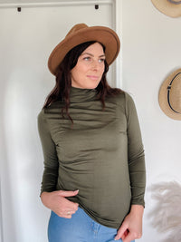 EBONY_WOMEN'S 100% MERINO WOOL (210) LONG SLEEVE HIGH NECK TOP KHAKI _ WOMEN'S 100% MERINO WOOL (210) LONG SLEEVE HIGH NECK TOP KHAKI _ Ebony Boutique NZ