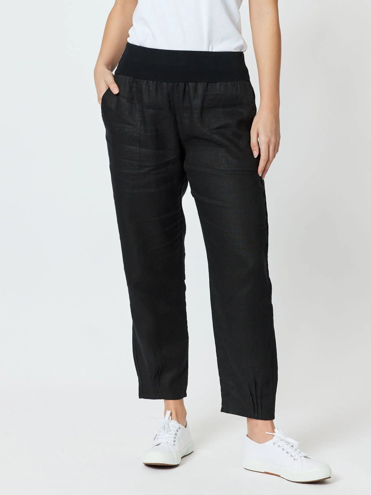 GORDON SMITH_LINEN PANT JERSEY WAIST BLACK _ LINEN PANT JERSEY WAIST BLACK _ Ebony Boutique NZ