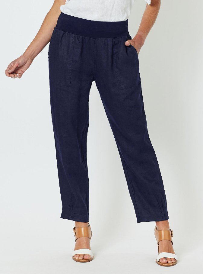 GORDON SMITH_LINEN PANT JERSEY WAIST NAVY _ LINEN PANT JERSEY WAIST NAVY _ Ebony Boutique NZ