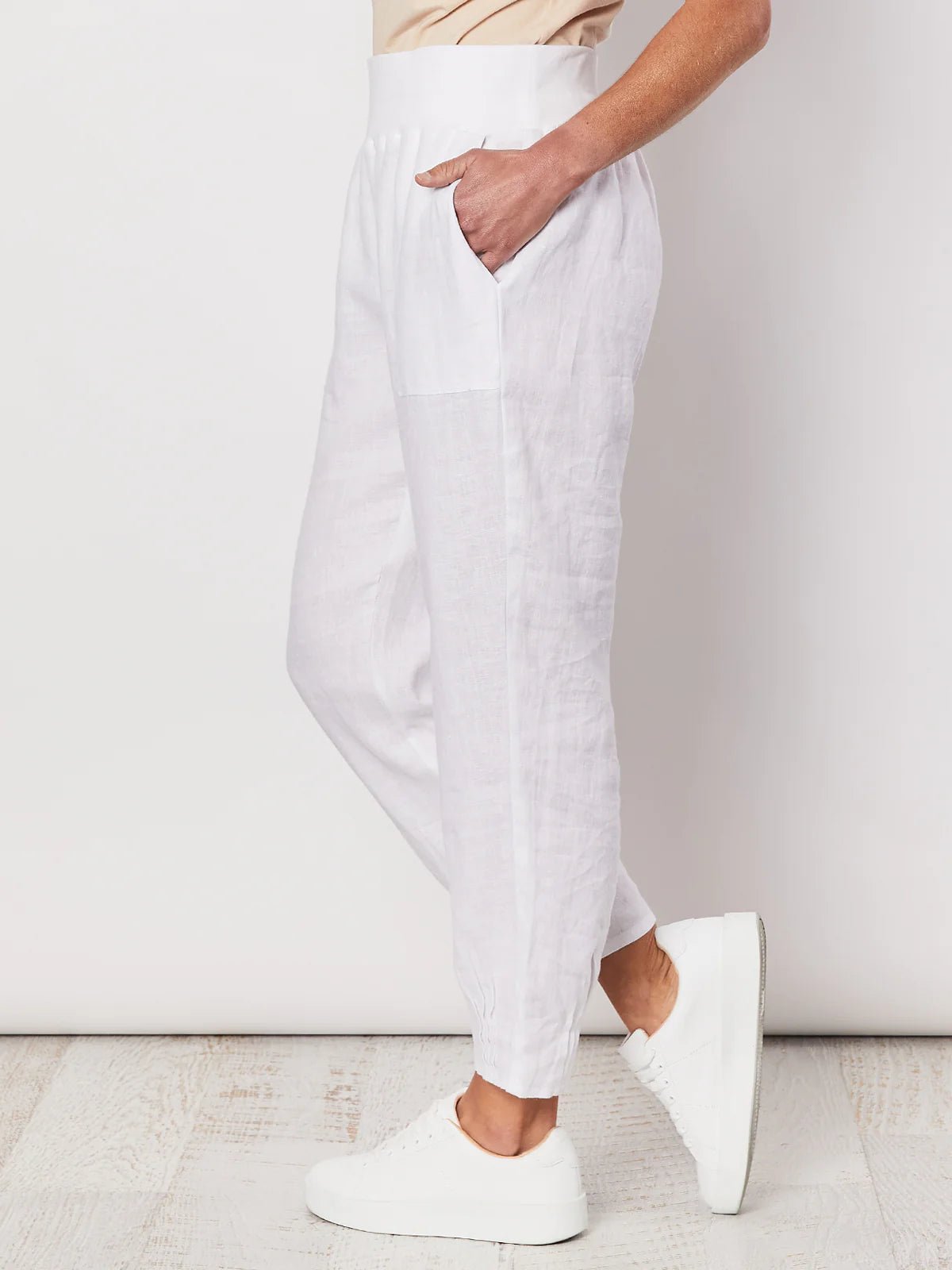 GORDON SMITH_LINEN PANT JERSEY WAIST WHITE _ LINEN PANT JERSEY WAIST WHITE _ Ebony Boutique NZ