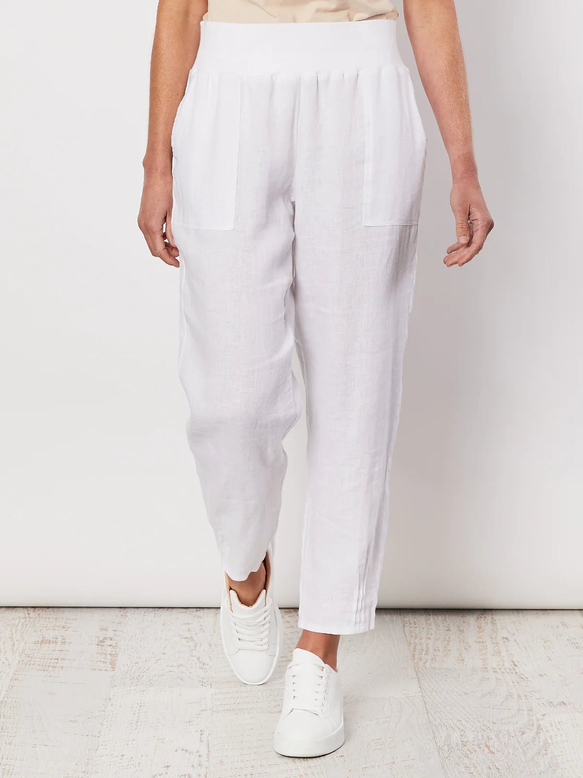 GORDON SMITH_LINEN PANT JERSEY WAIST WHITE _ LINEN PANT JERSEY WAIST WHITE _ Ebony Boutique NZ