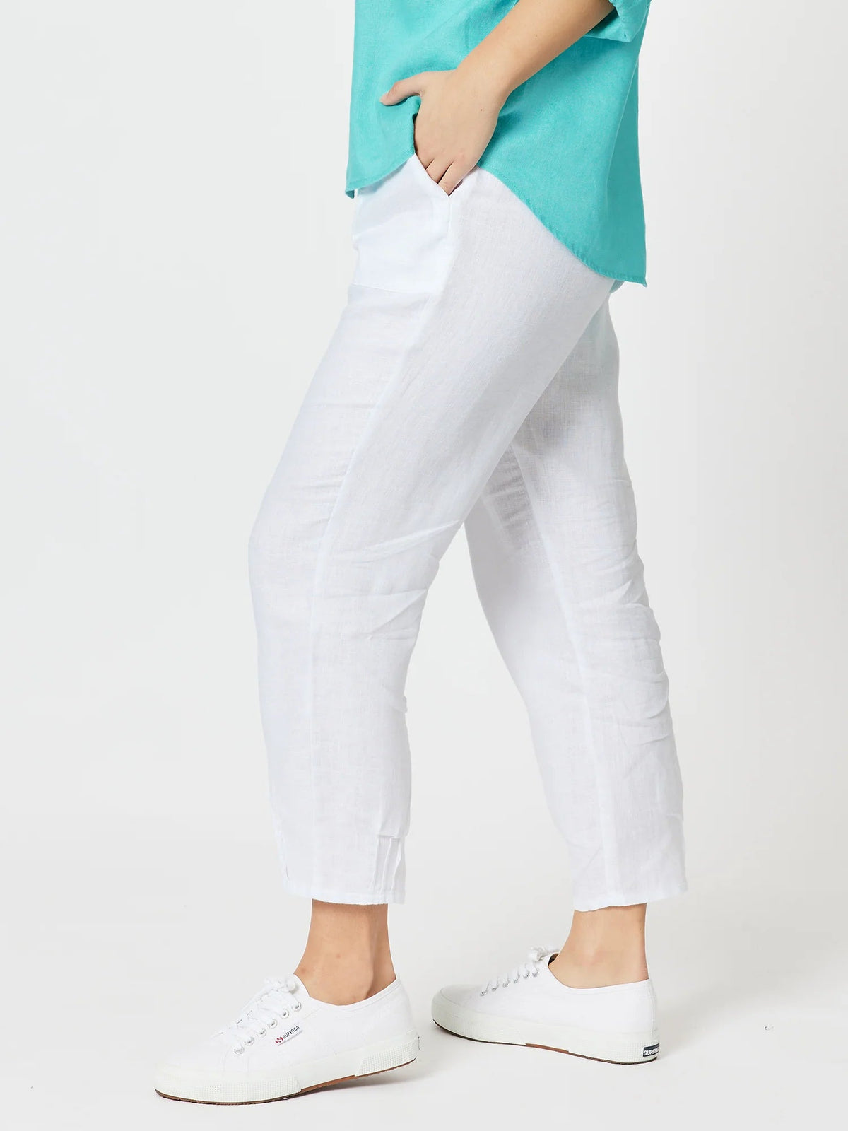 GORDON SMITH_LINEN PANT JERSEY WAIST WHITE _ LINEN PANT JERSEY WAIST WHITE _ Ebony Boutique NZ