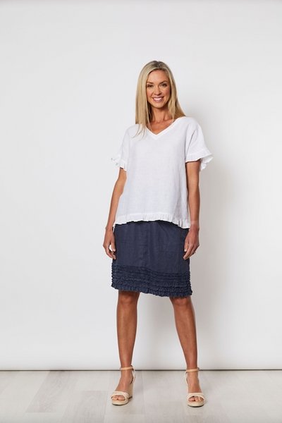 GORDON SMITH_RUFFLE HEM LINEN SKIRT NAVY _ RUFFLE HEM LINEN SKIRT NAVY _ Ebony Boutique NZ