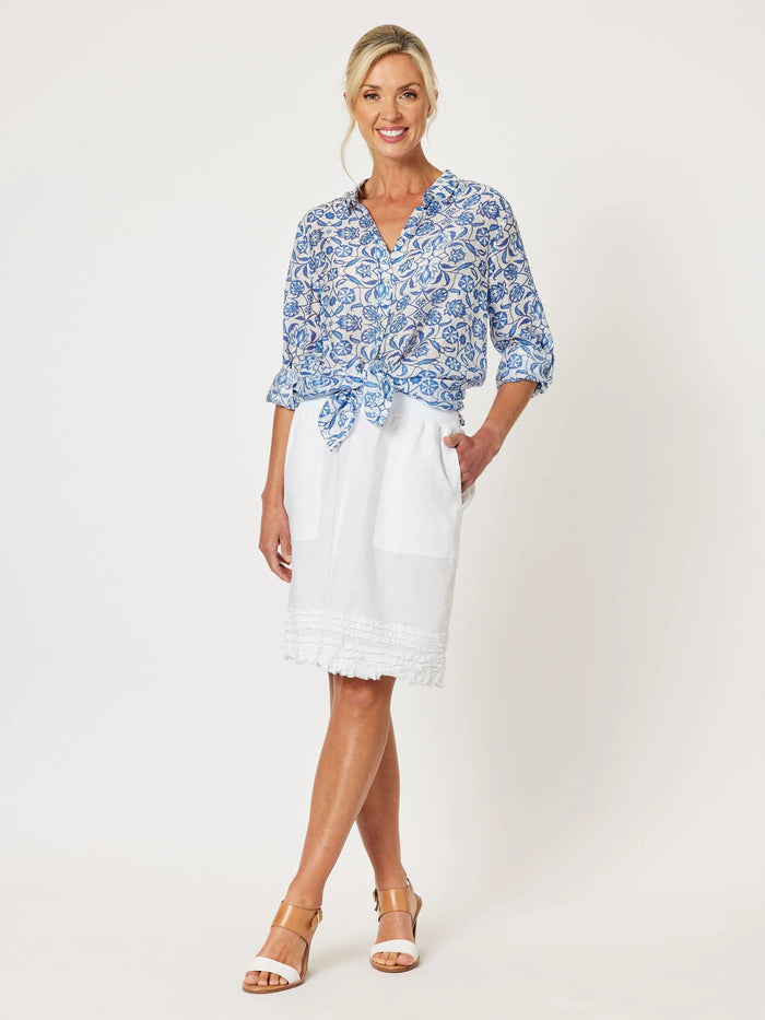GORDON SMITH_RUFFLE HEM LINEN SKIRT WHITE _ RUFFLE HEM LINEN SKIRT WHITE _ Ebony Boutique NZ