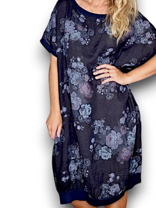 HELGA MAY_ELASTIC HEM DRESS LINEN HIGH TEA NAVY _ ELASTIC HEM DRESS LINEN HIGH TEA NAVY _ Ebony Boutique NZ