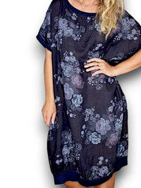 HELGA MAY_ELASTIC HEM DRESS LINEN HIGH TEA NAVY _ ELASTIC HEM DRESS LINEN HIGH TEA NAVY _ Ebony Boutique NZ