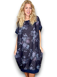 HELGA MAY_ELASTIC HEM DRESS LINEN HIGH TEA NAVY _ ELASTIC HEM DRESS LINEN HIGH TEA NAVY _ Ebony Boutique NZ