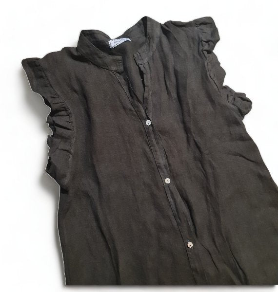HELGA MAY_FRILL SHOULDER DRESS ASTRID LINEN BLACK _ FRILL SHOULDER DRESS ASTRID LINEN BLACK _ Ebony Boutique NZ