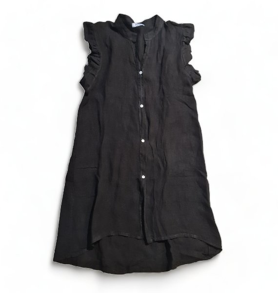 HELGA MAY_FRILL SHOULDER DRESS ASTRID LINEN BLACK _ FRILL SHOULDER DRESS ASTRID LINEN BLACK _ Ebony Boutique NZ