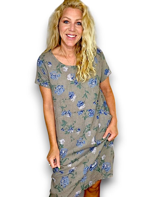 HELGA MAY_JUNGLE DRESS LINEN PETALS OF BLUE MOCHA _ JUNGLE DRESS LINEN PETALS OF BLUE MOCHA _ Ebony Boutique NZ