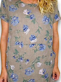 HELGA MAY_JUNGLE DRESS LINEN PETALS OF BLUE MOCHA _ JUNGLE DRESS LINEN PETALS OF BLUE MOCHA _ Ebony Boutique NZ