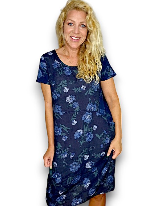 HELGA MAY_JUNGLE DRESS LINEN PETALS OF BLUE NAVY _ JUNGLE DRESS LINEN PETALS OF BLUE NAVY _ Ebony Boutique NZ