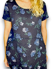 HELGA MAY_JUNGLE DRESS LINEN PETALS OF BLUE NAVY _ JUNGLE DRESS LINEN PETALS OF BLUE NAVY _ Ebony Boutique NZ
