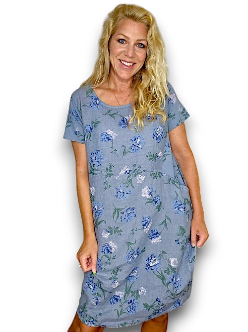 HELGA MAY_JUNGLE DRESS LINEN PETALS OF BLUE PETROL _ JUNGLE DRESS LINEN PETALS OF BLUE PETROL _ Ebony Boutique NZ