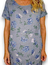 HELGA MAY_JUNGLE DRESS LINEN PETALS OF BLUE PETROL _ JUNGLE DRESS LINEN PETALS OF BLUE PETROL _ Ebony Boutique NZ