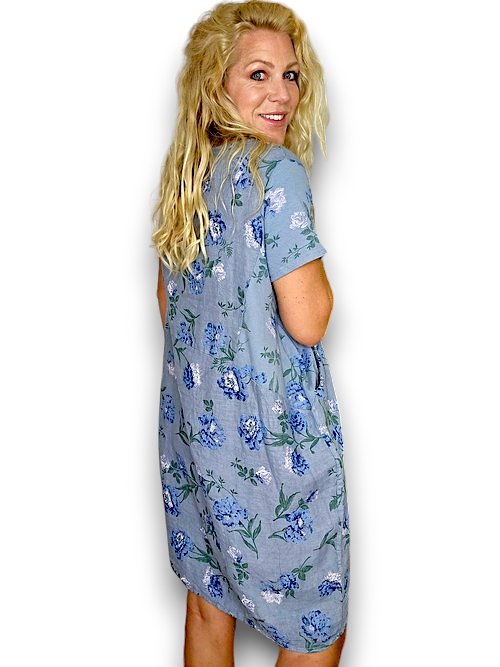 HELGA MAY_JUNGLE DRESS LINEN PETALS OF BLUE PETROL _ JUNGLE DRESS LINEN PETALS OF BLUE PETROL _ Ebony Boutique NZ