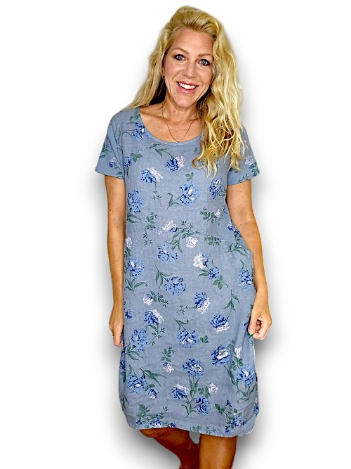 HELGA MAY_JUNGLE DRESS LINEN PETALS OF BLUE PETROL _ JUNGLE DRESS LINEN PETALS OF BLUE PETROL _ Ebony Boutique NZ