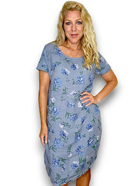 HELGA MAY_JUNGLE DRESS LINEN PETALS OF BLUE PETROL _ JUNGLE DRESS LINEN PETALS OF BLUE PETROL _ Ebony Boutique NZ