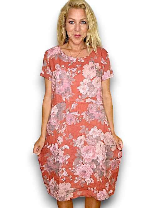 HELGA MAY_JUNGLE DRESS LINEN SCARLETT ROSE BRICK _ JUNGLE DRESS LINEN SCARLETT ROSE BRICK _ Ebony Boutique NZ
