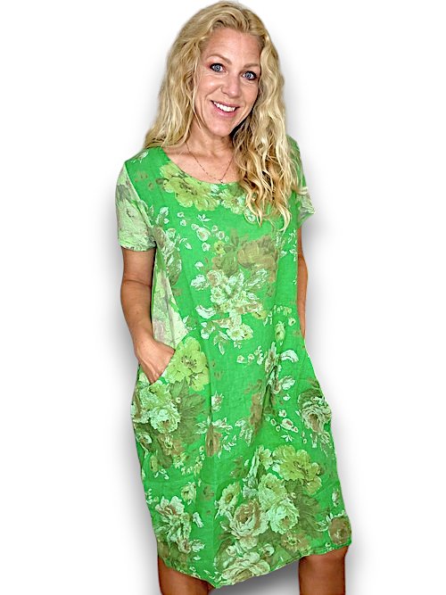 HELGA MAY_JUNGLE DRESS LINEN SCARLETT ROSE BRIGHT GREEN _ JUNGLE DRESS LINEN SCARLETT ROSE BRIGHT GREEN _ Ebony Boutique NZ