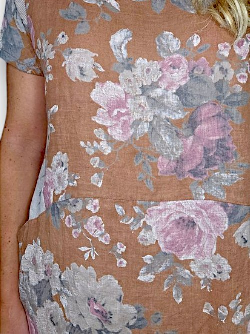 HELGA MAY_JUNGLE DRESS LINEN SCARLETT ROSE CARAMEL _ JUNGLE DRESS LINEN SCARLETT ROSE CARAMEL _ Ebony Boutique NZ