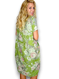 HELGA MAY_JUNGLE DRESS LINEN SCARLETT ROSE GREEN _ JUNGLE DRESS LINEN SCARLETT ROSE GREEN _ Ebony Boutique NZ