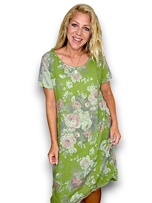 HELGA MAY_JUNGLE DRESS LINEN SCARLETT ROSE GREEN _ JUNGLE DRESS LINEN SCARLETT ROSE GREEN _ Ebony Boutique NZ