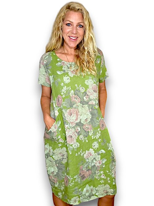 HELGA MAY_JUNGLE DRESS LINEN SCARLETT ROSE GREEN _ JUNGLE DRESS LINEN SCARLETT ROSE GREEN _ Ebony Boutique NZ