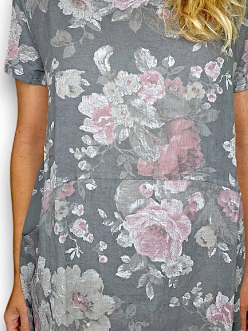 HELGA MAY_JUNGLE DRESS LINEN SCARLETT ROSE GREY _ JUNGLE DRESS LINEN SCARLETT ROSE GREY _ Ebony Boutique NZ