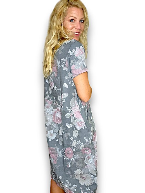 HELGA MAY_JUNGLE DRESS LINEN SCARLETT ROSE GREY _ JUNGLE DRESS LINEN SCARLETT ROSE GREY _ Ebony Boutique NZ