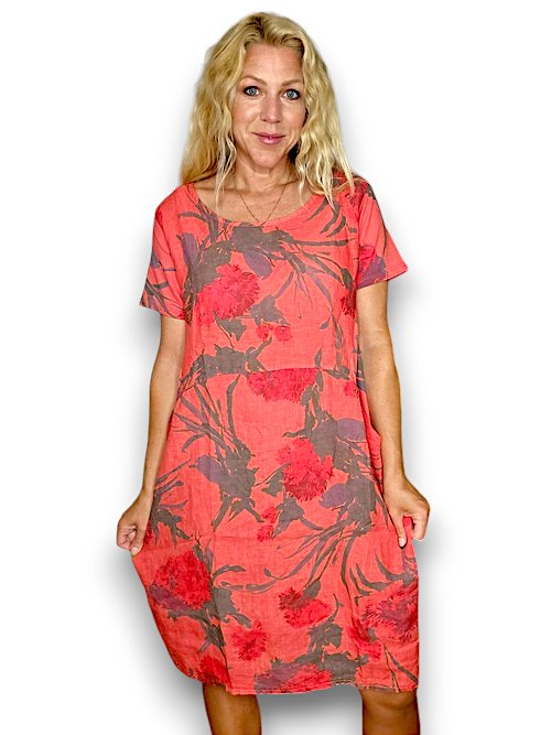 HELGA MAY_JUNGLE DRESS LINEN THISTLE IN RED CORAL _ JUNGLE DRESS LINEN THISTLE IN RED CORAL _ Ebony Boutique NZ