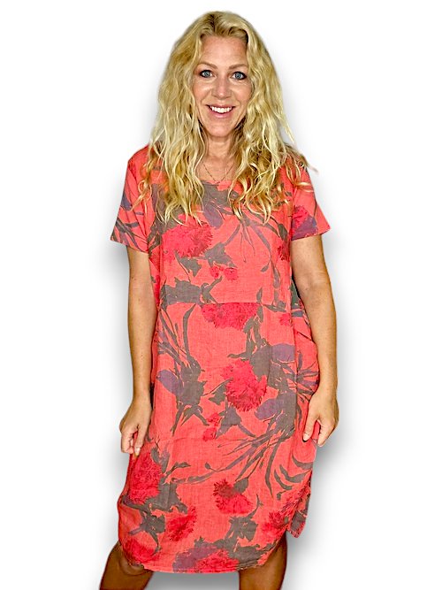 HELGA MAY_JUNGLE DRESS LINEN THISTLE IN RED CORAL _ JUNGLE DRESS LINEN THISTLE IN RED CORAL _ Ebony Boutique NZ