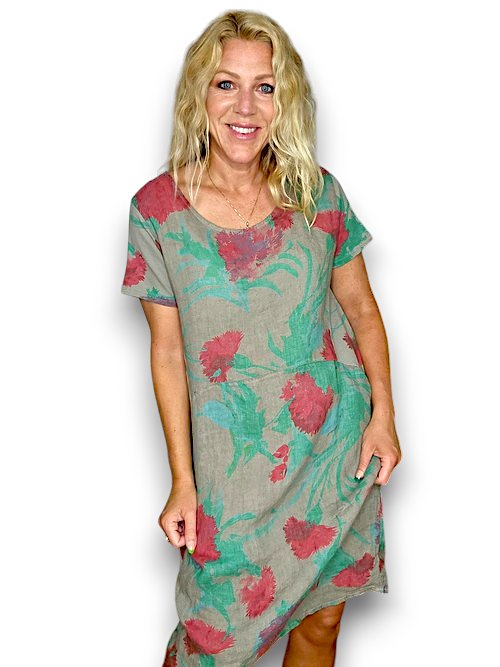 HELGA MAY_JUNGLE DRESS LINEN THISTLE IN RED MOCHA _ JUNGLE DRESS LINEN THISTLE IN RED MOCHA _ Ebony Boutique NZ