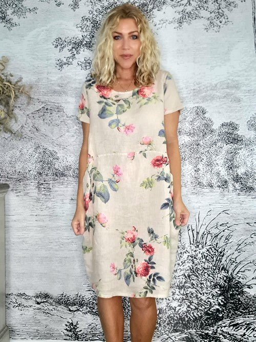 Coral Lily Print 100% Linen  Womens Linen Pocket Tunic Dress