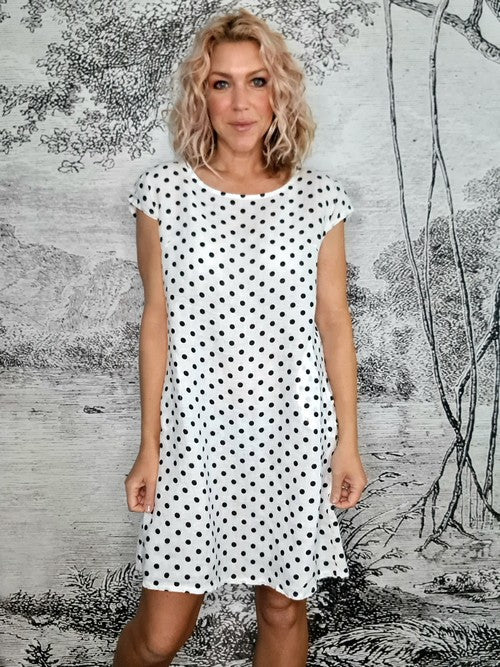 HELGA MAY_KENNEDY DRESS LINEN POLKA DOT WHITE _ KENNEDY DRESS LINEN POLKA DOT WHITE _ Ebony Boutique NZ