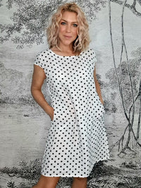 HELGA MAY_KENNEDY DRESS LINEN POLKA DOT WHITE _ KENNEDY DRESS LINEN POLKA DOT WHITE _ Ebony Boutique NZ