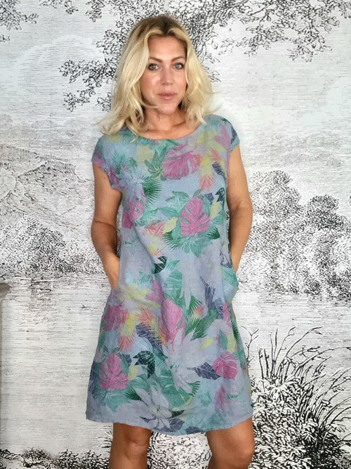 HELGA MAY_KENNEDY DRESS LINEN TROPICANA SKETCH PETROL _ KENNEDY DRESS LINEN TROPICANA SKETCH PETROL _ Ebony Boutique NZ