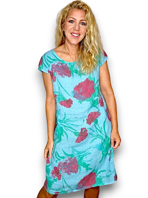 HELGA MAY_KENNEDY DRESS THISTLE IN RED LIGHT TURQUOISE _ KENNEDY DRESS THISTLE IN RED LIGHT TURQUOISE _ Ebony Boutique NZ