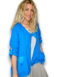 HELGA MAY_LINEN JACKET SEQUIN POCKET DARK TURQUOISE _ LINEN JACKET SEQUIN POCKET DARK TURQUOISE _ Ebony Boutique NZ