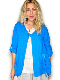 HELGA MAY_LINEN JACKET SEQUIN POCKET DARK TURQUOISE _ LINEN JACKET SEQUIN POCKET DARK TURQUOISE _ Ebony Boutique NZ