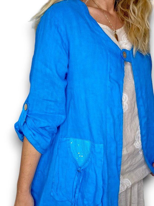 HELGA MAY_LINEN JACKET SEQUIN POCKET DARK TURQUOISE _ LINEN JACKET SEQUIN POCKET DARK TURQUOISE _ Ebony Boutique NZ
