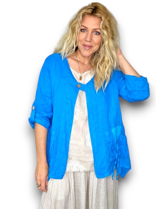 HELGA MAY_LINEN JACKET SEQUIN POCKET DARK TURQUOISE _ LINEN JACKET SEQUIN POCKET DARK TURQUOISE _ Ebony Boutique NZ