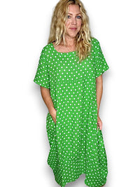 HELGA MAY_MID SLEEVE LINEN MAXI DRESS POLKA DOT BRIGHT GREEN _ MID SLEEVE LINEN MAXI DRESS POLKA DOT BRIGHT GREEN _ Ebony Boutique NZ