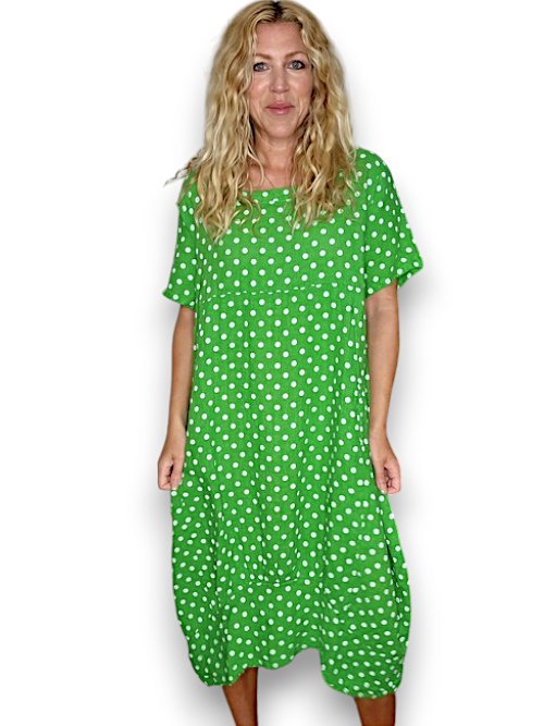 HELGA MAY_MID SLEEVE LINEN MAXI DRESS POLKA DOT BRIGHT GREEN _ MID SLEEVE LINEN MAXI DRESS POLKA DOT BRIGHT GREEN _ Ebony Boutique NZ