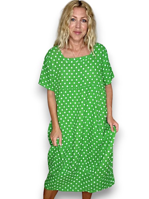 HELGA MAY_MID SLEEVE LINEN MAXI DRESS POLKA DOT BRIGHT GREEN _ MID SLEEVE LINEN MAXI DRESS POLKA DOT BRIGHT GREEN _ Ebony Boutique NZ