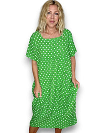 HELGA MAY_MID SLEEVE LINEN MAXI DRESS POLKA DOT BRIGHT GREEN _ MID SLEEVE LINEN MAXI DRESS POLKA DOT BRIGHT GREEN _ Ebony Boutique NZ