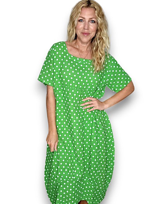 HELGA MAY_MID SLEEVE LINEN MAXI DRESS POLKA DOT BRIGHT GREEN _ MID SLEEVE LINEN MAXI DRESS POLKA DOT BRIGHT GREEN _ Ebony Boutique NZ