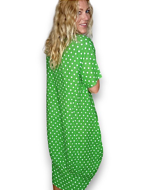 HELGA MAY_MID SLEEVE LINEN MAXI DRESS POLKA DOT BRIGHT GREEN _ MID SLEEVE LINEN MAXI DRESS POLKA DOT BRIGHT GREEN _ Ebony Boutique NZ