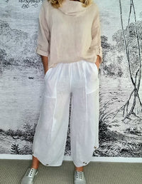 HELGA MAY_MINI BUTTON PANT LINEN WHITE _ MINI BUTTON PANT LINEN WHITE _ Ebony Boutique NZ
